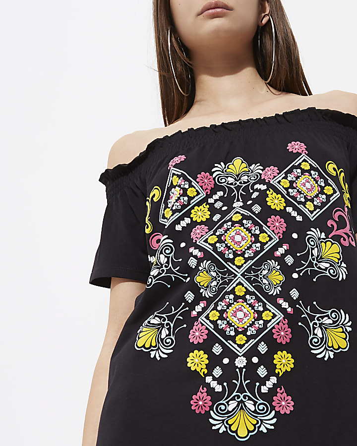 Black aztec print oversized bardot T-shirt