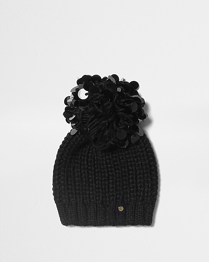 Black sequin bobble beanie hat