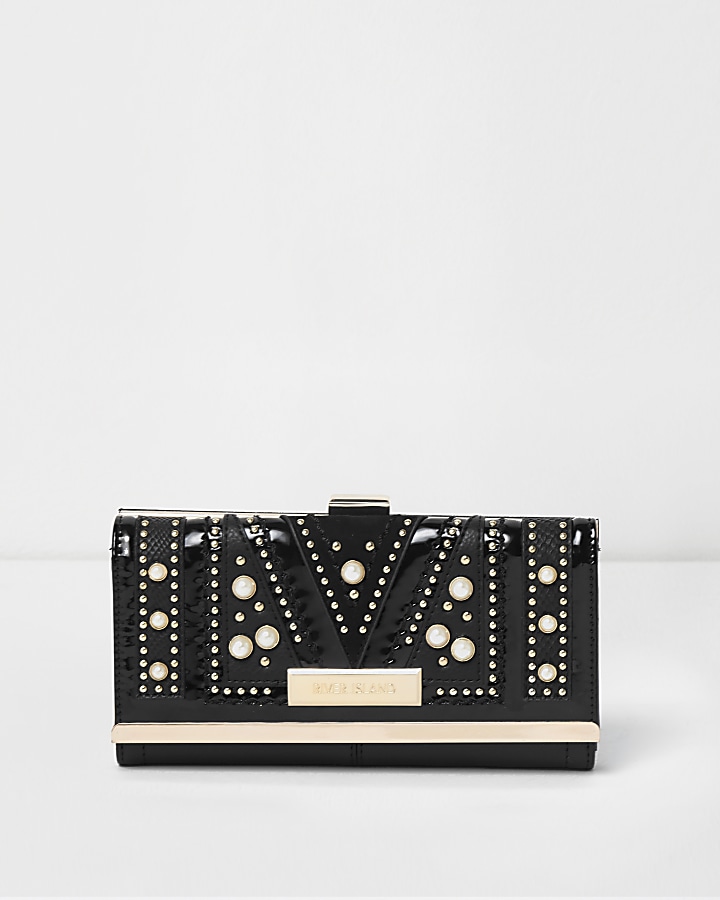 Black faux pearl and stud embellished purse