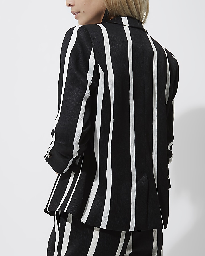 Petite black stripe ruched sleeve blazer