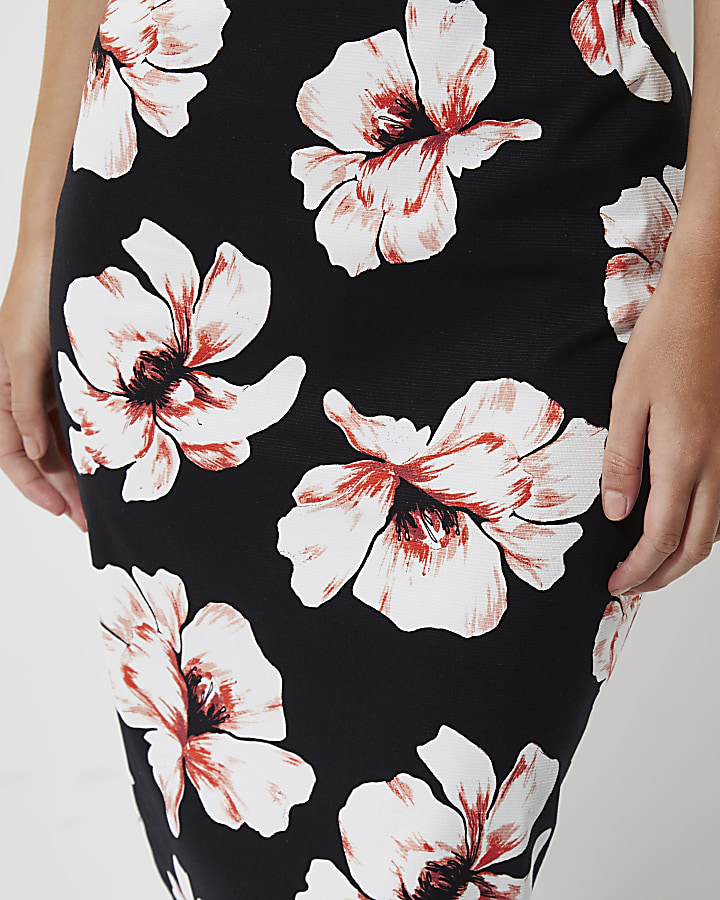 Petite black floral print midi pencil skirt