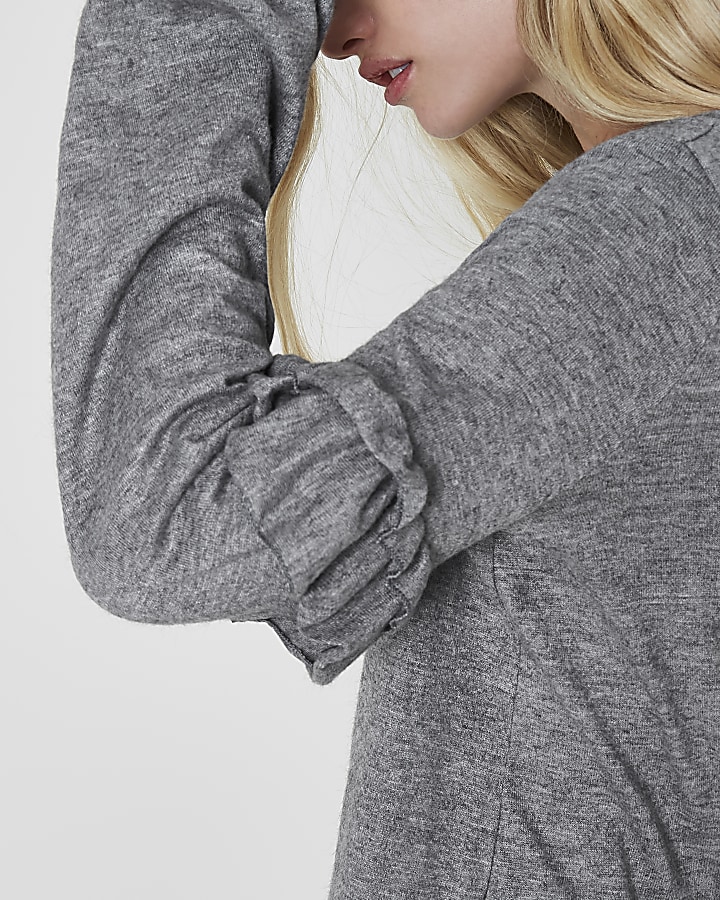Grey frill balloon sleeve knit top