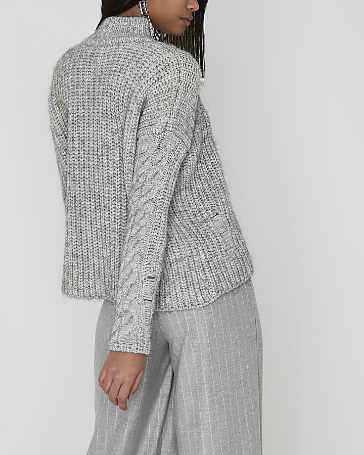 Grey mixed cable knit high neck jumper