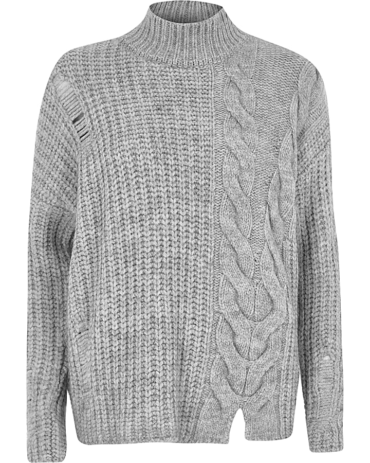 Grey mixed cable knit high neck jumper