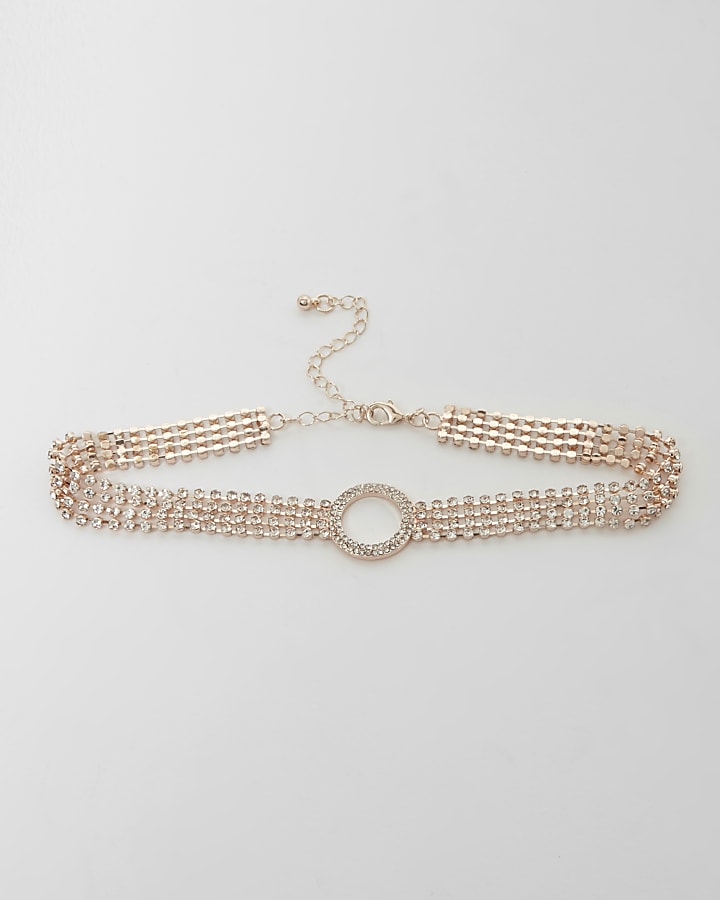 Rose gold cup chain pave circle detail choker