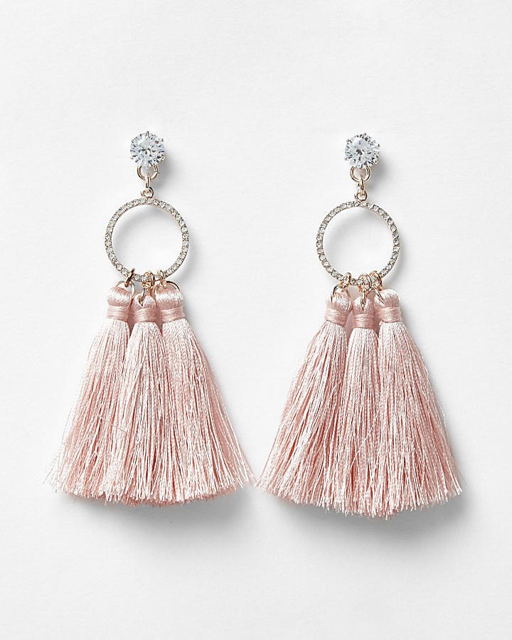 Cubic zirconia light pink tassel earrings