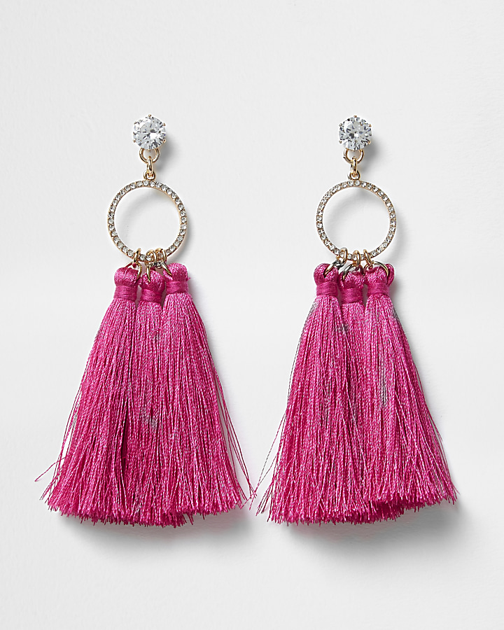 Cubic zirconia pink tassel drop earrings