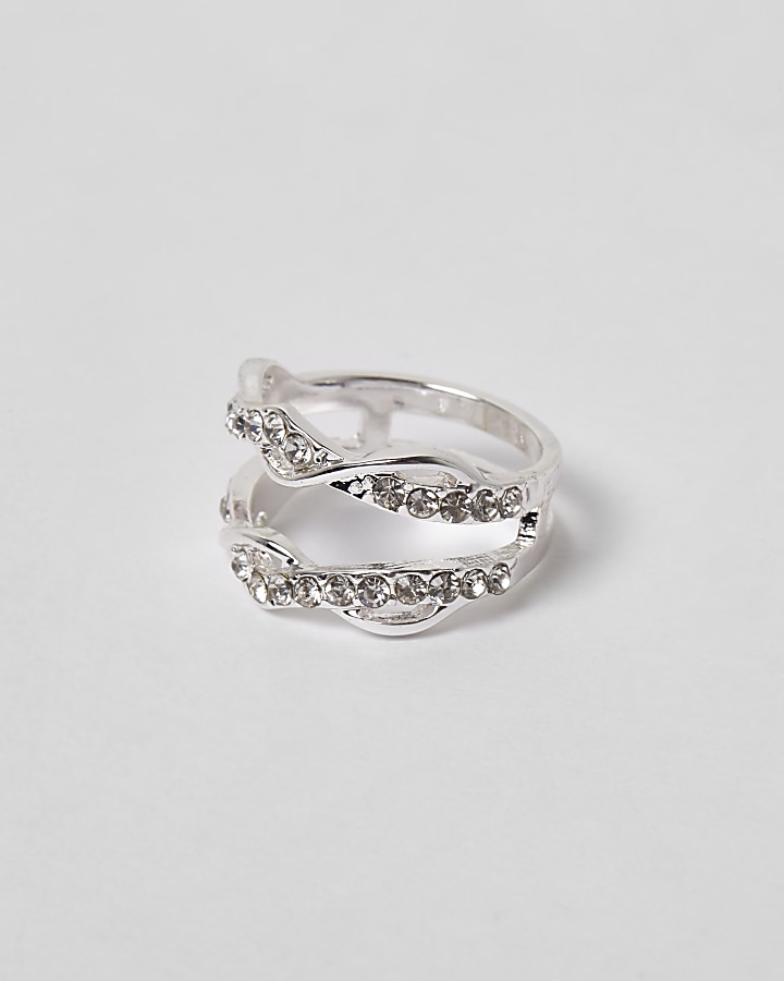 Silver tone diamante encrusted twist ring