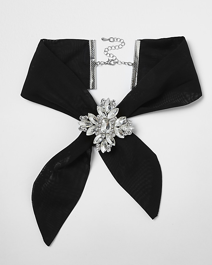 Black jewel embellished tie choker