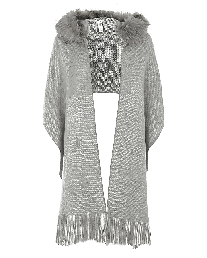 Grey faux fur trim hooded scarf
