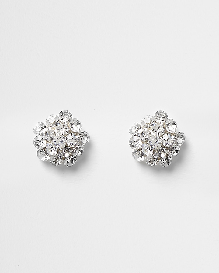 Silver tone diamante cluster stud earrings