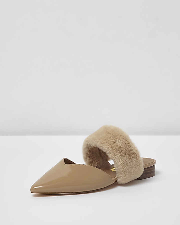 Nude pointed toe faux fur band slip on shoes
