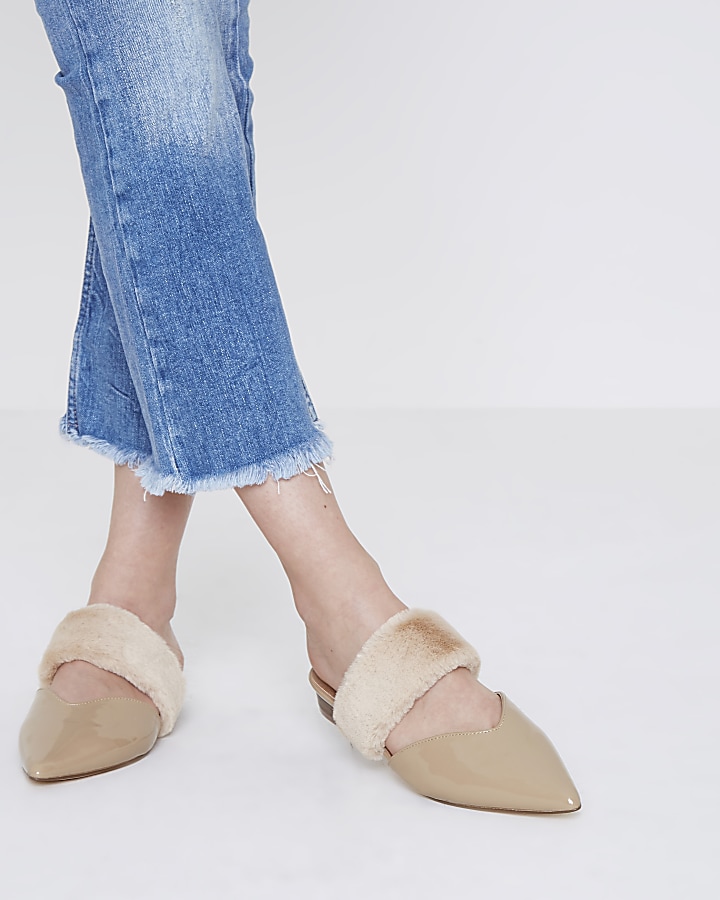 Nude pointed toe faux fur band slip on shoes
