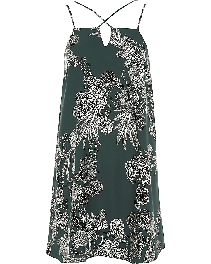 Green paisley print cross strap slip dress