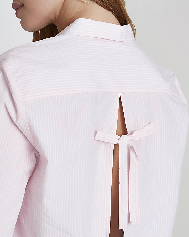 Petite pink pinstripe bow back shirt