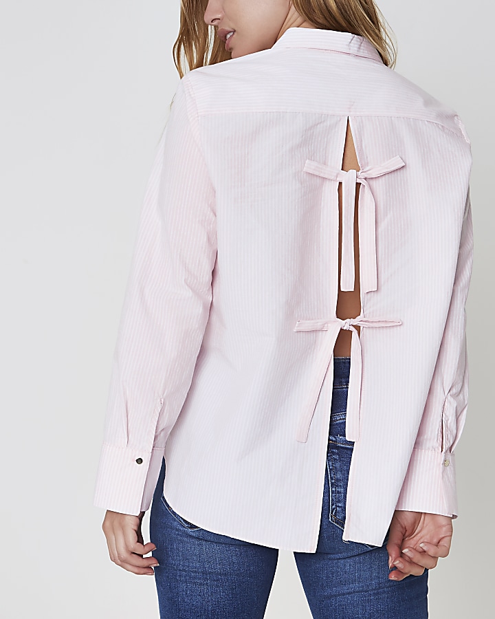 Petite pink pinstripe bow back shirt
