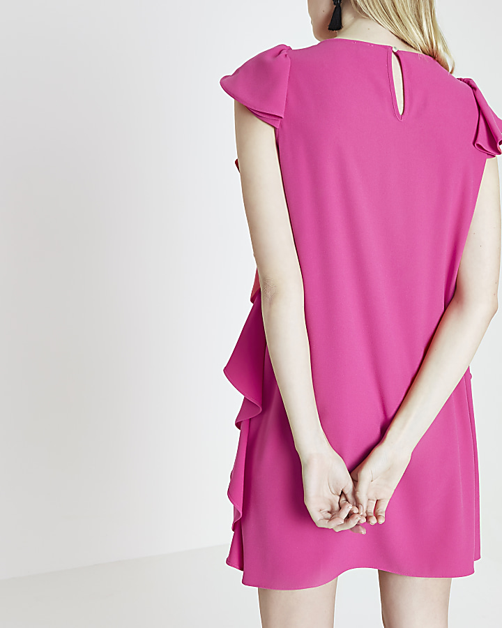 Bright pink frill side sleeveless swing dress