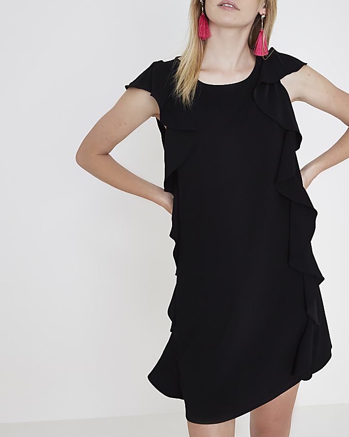 Black frill side sleeveless swing dress