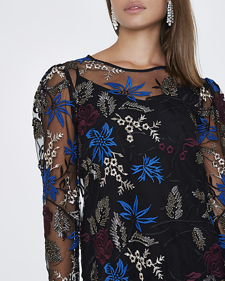 Navy floral embroidered mesh top