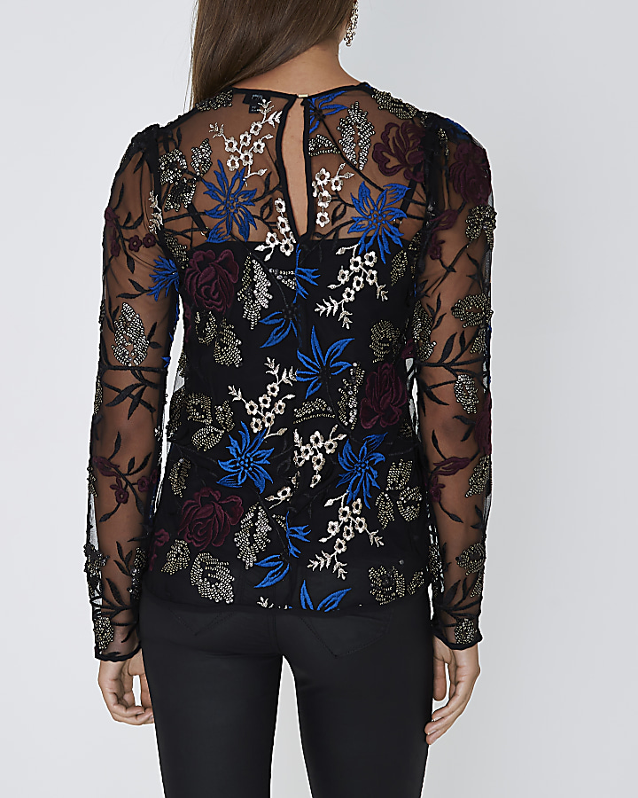 Navy floral embroidered mesh top