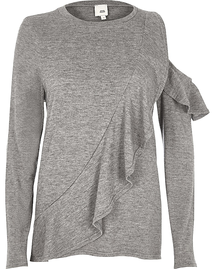 Grey frill front cut out shoulder jumper