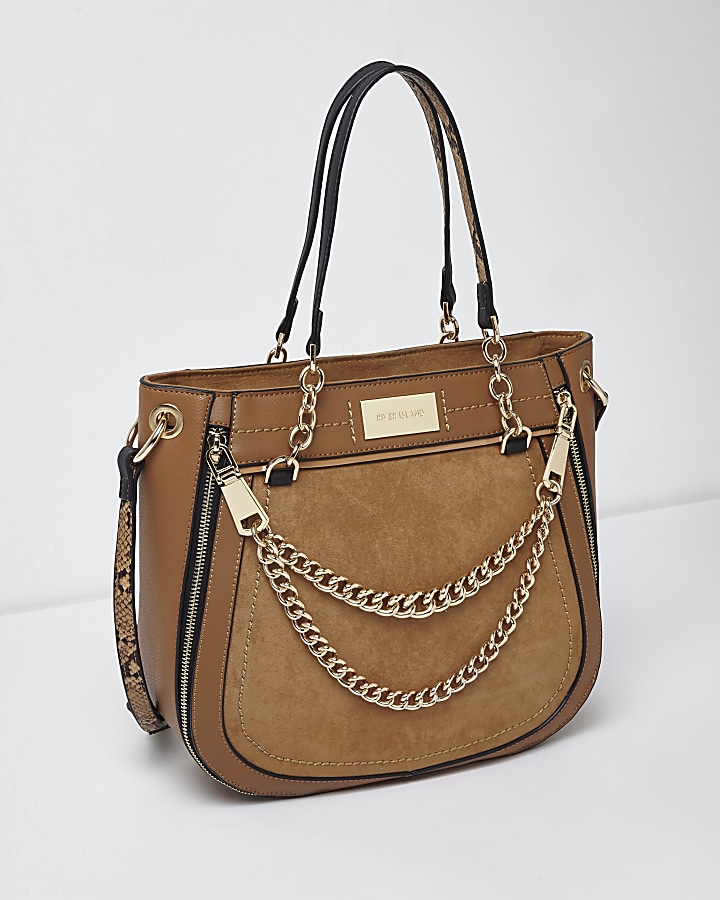 Beige double chain front scoop tote bag