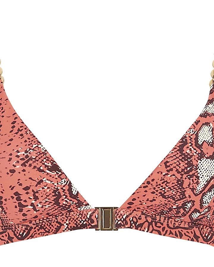 Coral snakeskin chain triangle bikini top