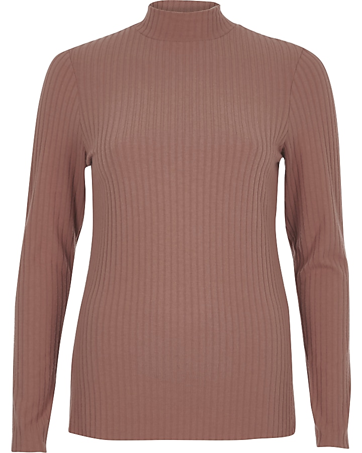 Beige brushed rib high neck fitted top