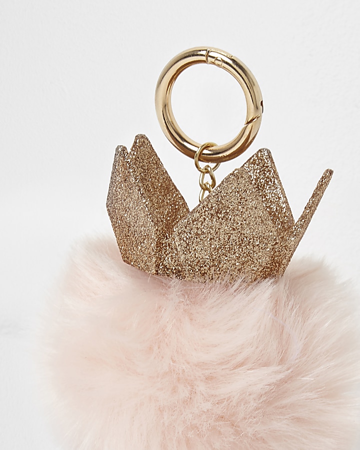 Pink faux fur pom pom glitter crown keyring