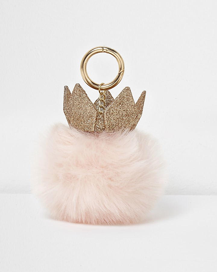 Pink faux fur pom pom glitter crown keyring
