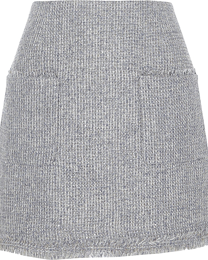 Grey boucle knit A line mini skirt