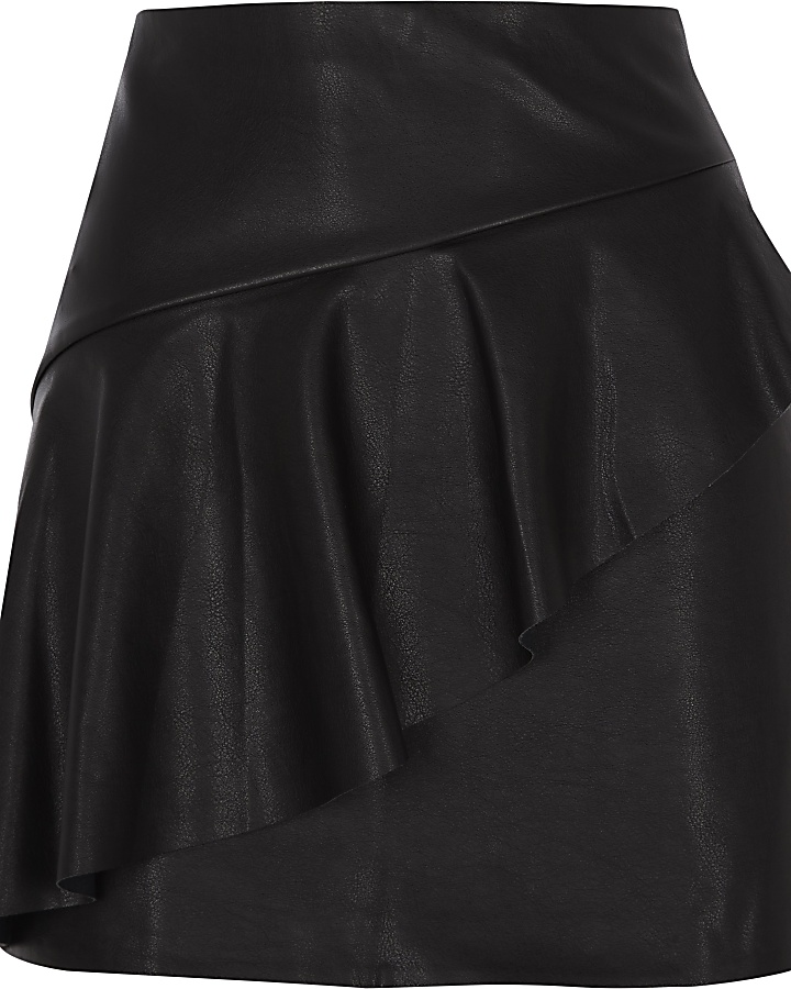 Black faux leather frill front mini skirt
