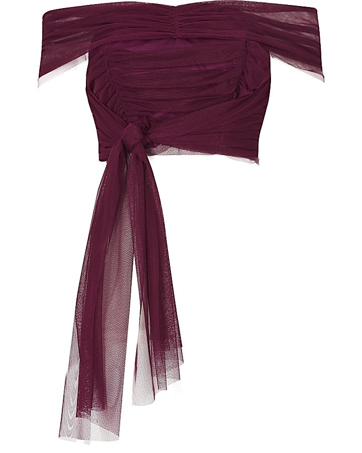 Dark pink tulle wrap bandeau crop top