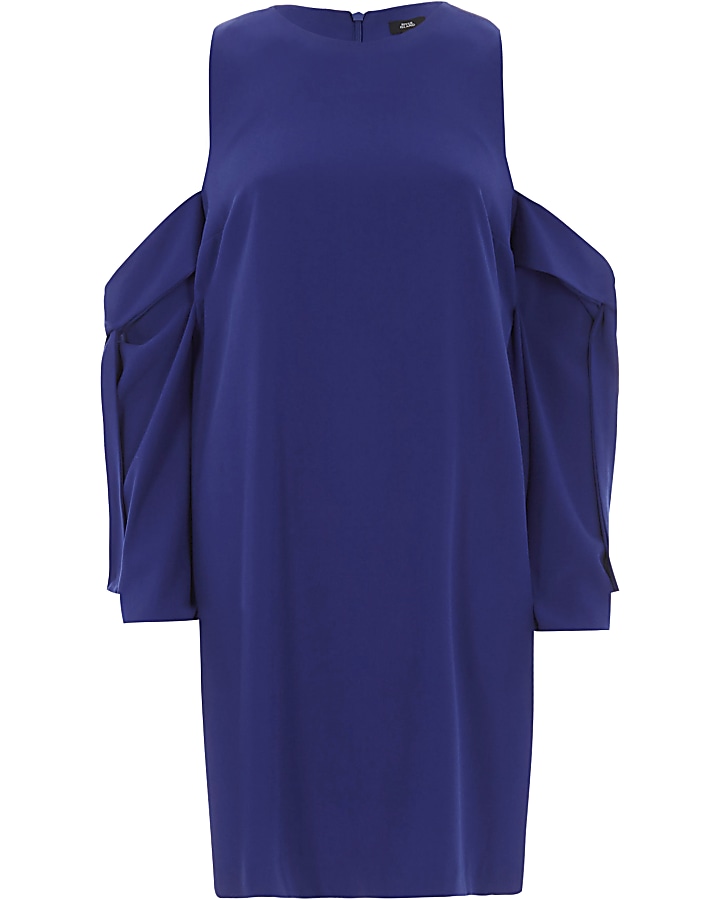 Blue cold shoulder long sleeve swing dress