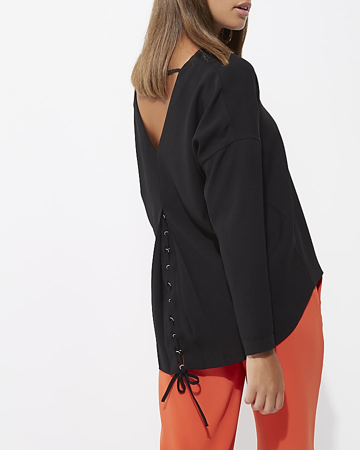 Black lace-up back long sleeve top