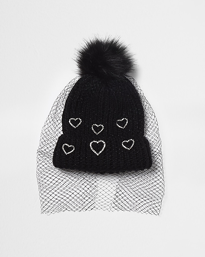 Black heart embellished net veil bobble hat