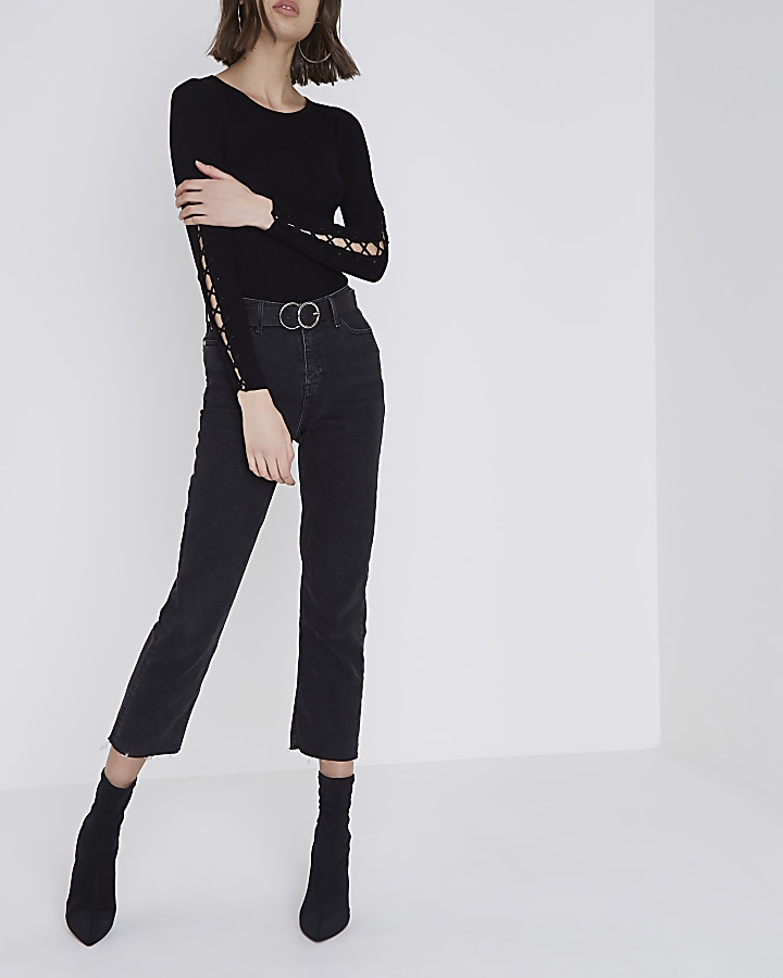 Black rib lace-up sleeve knitted top