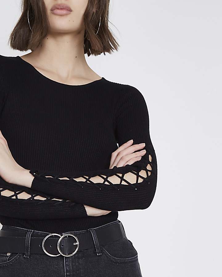 Black rib lace-up sleeve knitted top