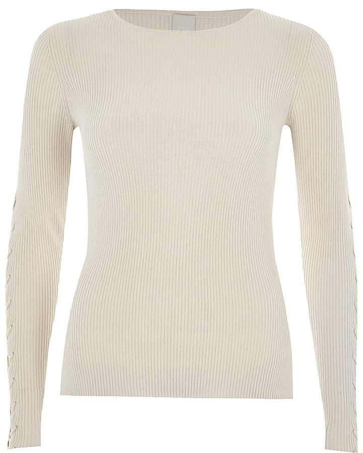 Cream ribbed lace-up sleeve jumper