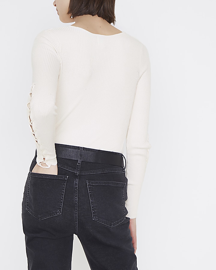 Cream ribbed lace-up sleeve jumper