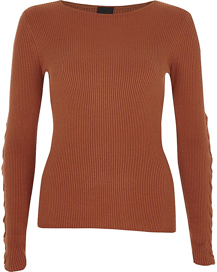 Dark orange rib knit lace-up sleeve top