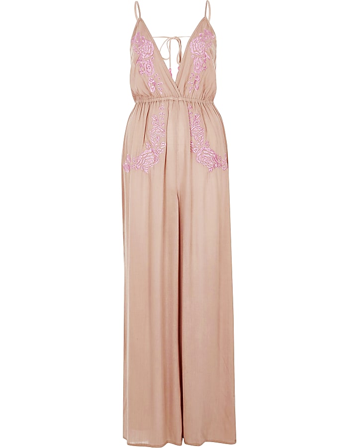 Pink - Light Embroidered Beach Jumpsuit