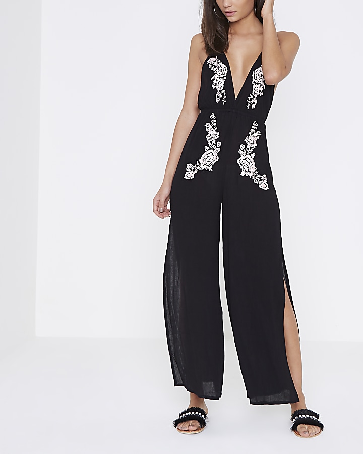 Black embroidered cami maxi beach jumpsuit