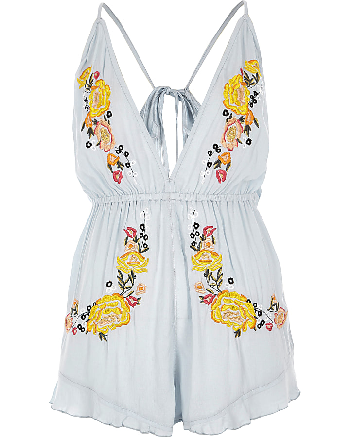 Light blue embroidered beach playsuit
