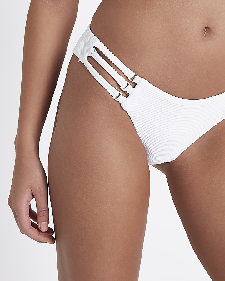 White rib strappy side bikini bottoms