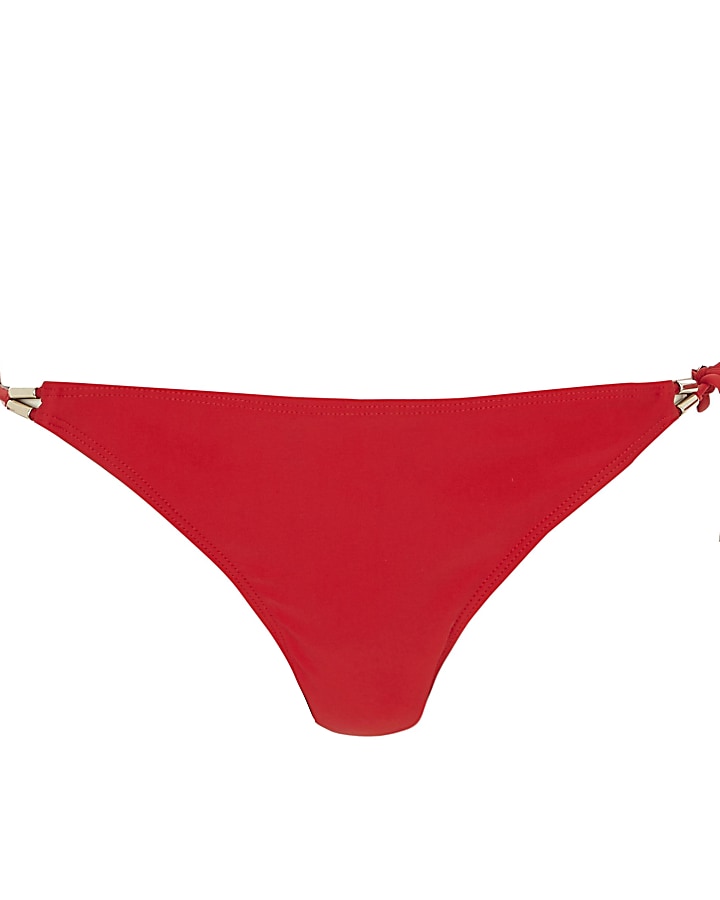Red bar detail tie side bikini bottoms