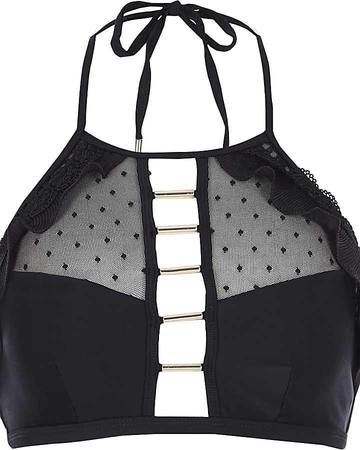Black dobby mesh insert high apex bikini top