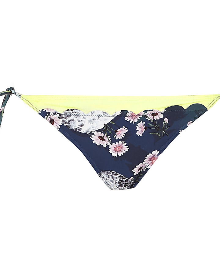 Blue floral scallop tie side bikini bottoms
