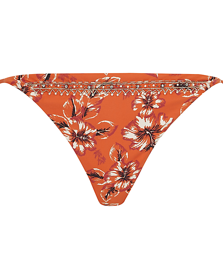 Orange floral tie side string bikini bottoms