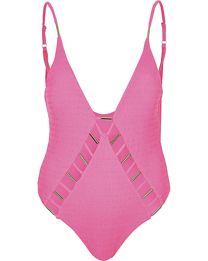 Pink shirred bar cut out plunge swimsuit